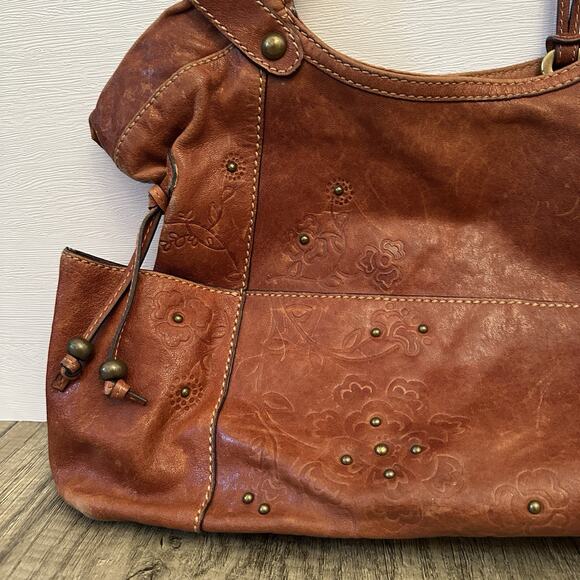 Fossil Leather Tote Bag Floral Embossed Brown Shoulder Purse Distressed Vintage - Picture 2 of 9